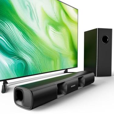 Imagem de Soundbar Riowois para smart TV, alto-falante compacto de 90 W com subwoofer, sistema de home theater 2.1, canais com som ambiente, vocais nítidos e graves profundos, para TV, PC e projetor.