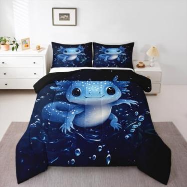 Imagem de jejeloiu Conjunto de edredom fofo com desenho de salamandra para todas as estações, com 2 fronhas, kawaii, oceano, vida marinha, microfibra, roupa de cama casal, para decoração de quarto, edredom