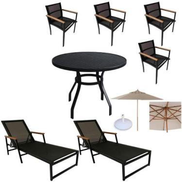 Imagem de Kit Mesa Ripada 90cm 4 Cadeiras Perpétua, 2 Espreguiçadeiras e Guarda 