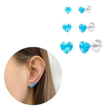 Imagem de Kit trio coração com zircônias Prata legítima ponto luz Azul - Morgani