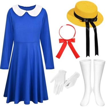 Imagem de JcHrmers Conjunto de 5 peças de fantasia escolar francesa de Halloween, vestido azul feminino, chapéu amarelo, meias brancas, luvas, gravata borboleta vermelha, Multicor, M