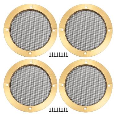 Imagem de ACROPIX Capa universal de grade de alto-falante de carro de 10 cm redonda de malha para alto-falante de áudio de 10 cm capa protetora de subwoofer com parafusos ferro dourado tom preto - pacote com 4