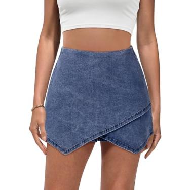 Imagem de luvamia Saia jeans feminina cintura alta com cintura alta com shorts assimétricos modernos, Azul Wategos, G