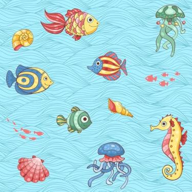 Imagem de CHIHUT Papel de parede subaquático de 45 cm x 599 cm de concha de polvo subaquático descasque e cole papel de parede colorido do mar profundo para quarto de criança, sala de estudo, papel de contato