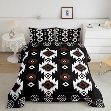 Imagem de Feelyou Conjunto de edredom asteca ocidental preto e marrom para todas as estações, étnico do sudoeste, geométrico, com 2 fronhas, boêmio, para decoração de quarto, edredom respirável, macio e leve
