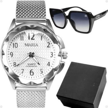 Imagem de Relógio Prova D'agua Feminino Aço Prata + Caixa + Óculos Sol Social Resistente Strass Original Casual