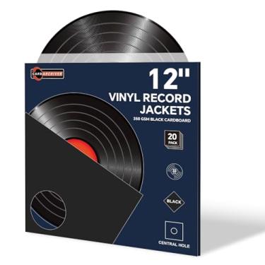 Imagem de 20 peças de jaquetas pretas de disco de vinil de 30 cm, mangas grossas de papelão com orifício central, capas de álbum LP em branco para armazenamento e organização de 33 RPM, jaquetas LP de 350 gsm