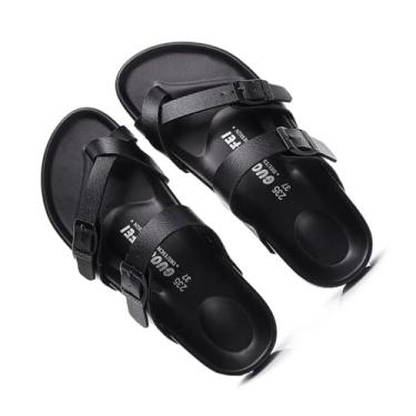 Imagem de Sandália Em Pele Com Slide, Sandália Homem Slip-On Corretora De Joanete Com Tira Ajustável De Fivela Em Metal, Chinelo Casual Verão Plataforma Cruzada, Para O Dia Do Pai, Viagens Praia(Black,40 EU)