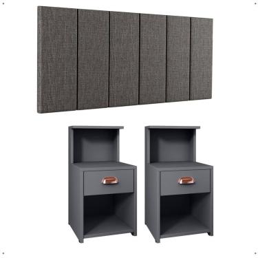 Imagem de Kit 2 Mesas Gaveta Nicho Prateleira Retrô Cléo Cabeceira Estofada Júlia Linho Cama King Size 1,95 Cinza Quarto - RPM