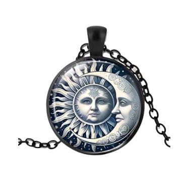 Imagem de 1 colar com pingente redondo deslumbrante - padrão exclusivo de sol e lua, mosaico de vidro estilo pintura a óleo, estrutura de liga, corrente de suéter moderno, presente moderno para mulheres