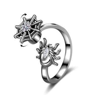 Imagem de Anel aberto CZ Spider Net Fidget Spinner para mulheres, banhado a prata, ansiedade, girar, alívio do estresse, anel de dedo de zircônia cúbica, ajustável, empilhamento, ajuste confortável, cristal