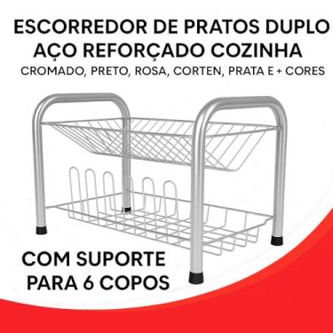 Imagem de Escorredor Duplo De Louça 2 Andares Aço Reforçado Prato Copo Pé Emborrachado Premium Design Moderno Prático Pronto para Uso (Prata)