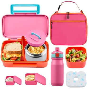 Imagem de PIQUEBAR Lancheira infantil com garrafa térmica de 227 g, caixa Bento à prova de vazamento com bolsa isolada, garrafa de água infantil com canudo, recipiente para almoço de comida para meninas e