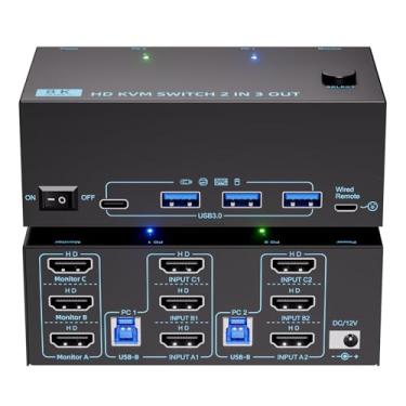 Imagem de KVM Switch 3 monitores, 2 computadores 8K @60Hz/4K@120Hz, interruptores HDMI KVM para 2 monitores triplos de PC e mouse de teclado com adaptador de energia, controlador de extensão com fio e cabos USB