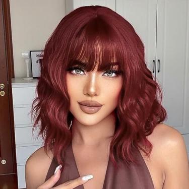 Imagem de Peruca ondulada curta vinho tinto com franja Bob comprimento dos ombros 35,5 cm cabelo sintético para mulheres meninas peruca colorida cosplay fibra sintética resistente ao calor cabelo para uso