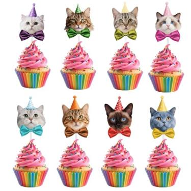 Imagem de 24 peças de enfeite de cupcake de gato, decoração de cupcake com estampa de 8 estilos para amantes de gatos, meninos, meninas, artigos de festa de aniversário