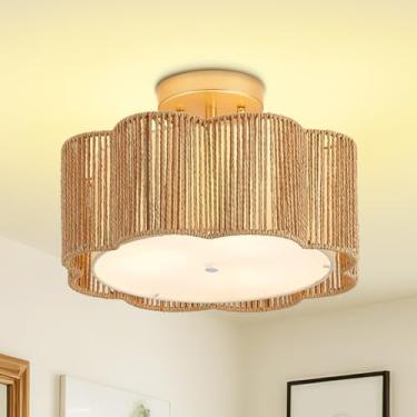 Imagem de ALAISLYC Luzes de teto de montagem embutida em vime de 33 cm 3 luzes Boho Farmhouse luminárias de teto em vime para sala de jantar, cozinha, quarto, hall de entrada, entrada