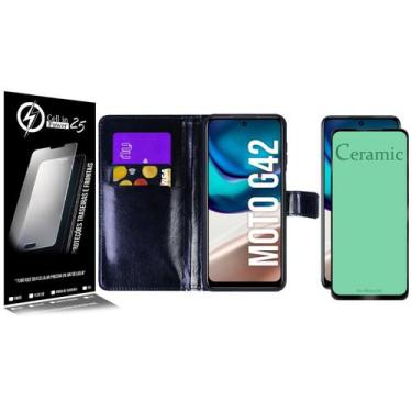 Imagem de Capa Carteira + Película De CERÂMICA Compatível Moto G42 XT2233 6.4 - 