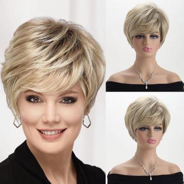 Imagem de ORAVISTA Pixie Cut Perucas sintéticas loiras onduladas profundas bob de alta densidade sem cola HD lace closure encaracolado para mulheres aparência natural (loira)