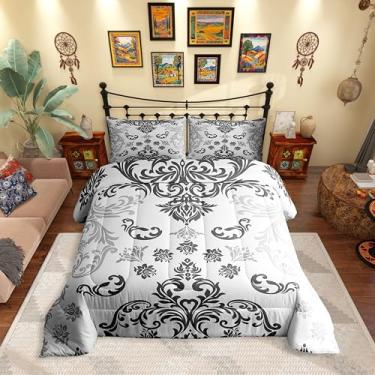 Imagem de Erosebridal Conjunto de edredom Paisley King Size vitoriano para crianças, homens e mulheres, barroco, retrô, estético, branco, bege, cinza, conjunto de edredom para todas as estações