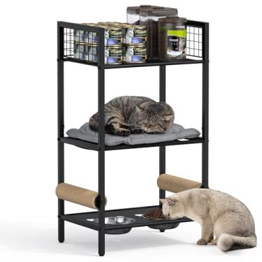 Imagem de Torre de móveis para gatos 4 em 1 com poste arranhador para gatos, tigelas para gatos, cama para gatos, organizador de armazenamento de comida para gatos, tudo em um para espaços pequenos (metal