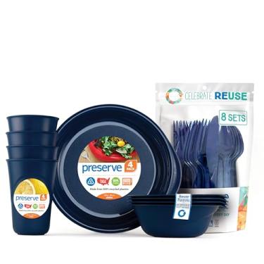 Imagem de Preserve Conjunto de talheres de uso diário reutilizável sem BPA com talheres feitos de plástico reciclado: 4 pratos, 4 tigelas, 4 copos e 24 peças de talheres, azul escuro