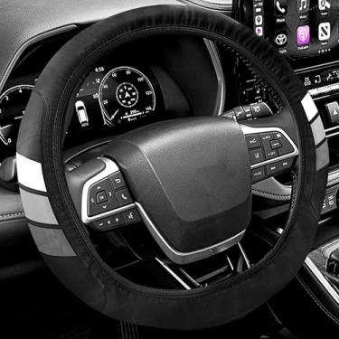 Imagem de YOSRTER Capa de volante para Toyota Tacoma 4Runner Tundra TRD Camry Rav4 Capas de roda de couro antiderrapante para Toyota Acessórios de volante compatíveis 14-15 polegadas (branco/cinza/cinza escuro)