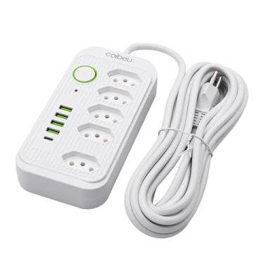 Imagem de Filtro de Linha, 5 Metros de Comprimento, Extensão de 5 Tomadas 10A Bivolt, 4 Portas USB, 1 Porta USB-C