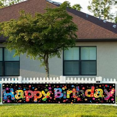 Imagem de Starlit Patio Banner de feliz aniversário 50 x 395 cm decorações de festa coloridas grande pano de fundo de aniversário decoração de quintal divertido sinal de celebração para crianças adultos