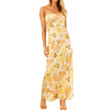 Imagem de Vestido maxi Realtix Summer com estampa de cetim sem encosto para mulh
