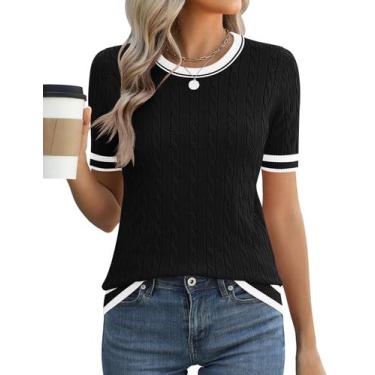 Imagem de Suéter feminino Micoson de manga curta preto/branco, viscose/nylon