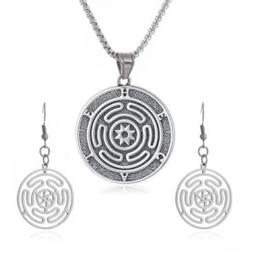 Imagem de YWMAN Conjunto de joias Hecate's Wheel & Strophalos - Pingente de Deusa da Lua Tripla Dupla Face de Aço Inoxidável e Brincos Wiccan, Colar de Amuleto Pagão para Mulheres e Homens