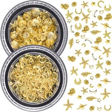 Imagem de Winsyison Amuletos de arte de unhas oceânicas de 2 discos, adesivos de unhas de estrela de metal 3D, decalques de conchas de praia e estrelas do mar, enfeites de manicure DIY para mulheres - Ouro