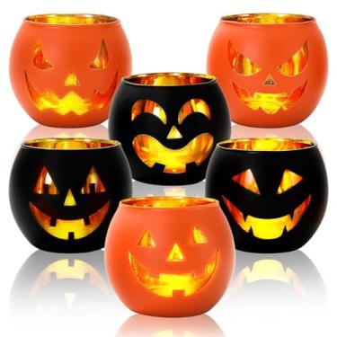 Imagem de Whaline 6 peças de suporte de vela de Halloween preto laranja abóbora rosto castiçal suporte de vidro para casa festa mesa centro de mesa decoração suprimentos