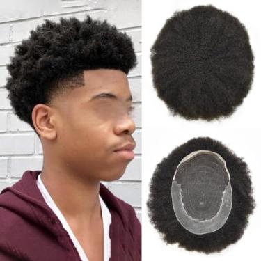 Imagem de Toupee Afro Kinky Curly para homens negros, cabelo Afro Coily para homens negros, transparente, HD, laço frontal, sistemas de substituição de cabelo afro-ondulado, peruca de cabelo humano macio
