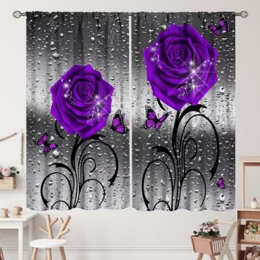 Imagem de Cortinas com estampa de rosa roxa floral pingos de chuva cinza arte blackout cortinas de bolso para quarto sala de estar cozinha decoração cortinas de janela com isolamento térmico conjunto de 2