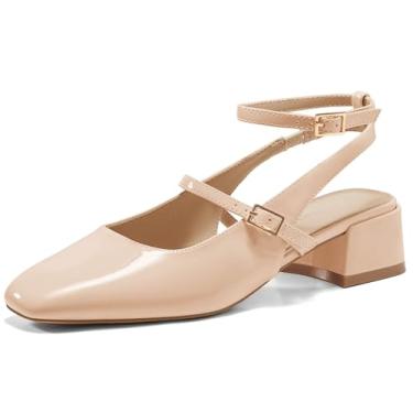 Imagem de Coutgo Sapato feminino Mary Jane de salto baixo, bico quadrado, fechado, tira no tornozelo, sapato social para festa de casamento, Nude., 35