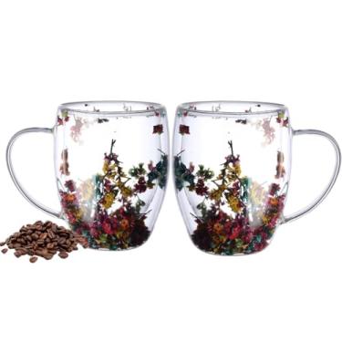 Imagem de Kit 2 Canecas de Café Vidro de Parede Dupla Com Flores Secas Premium