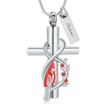 Imagem de AIWENXI Joias de cremação cruzada para cinzas do cardeal do norte colares de cinzas para homens e mulheres pingente de lembrança de animais de estimação em forma de infinito, Aço inoxidável, Sem Pedra