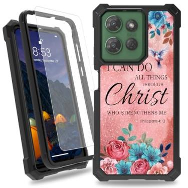 Imagem de Capa para Motorola Moto G 5G 2025, capa preta fina à prova de choque de camada dupla resistente com protetor de tela de vidro temperado para mulheres e homens, cogumelo coelho, Bíblia Filipenses 4-13