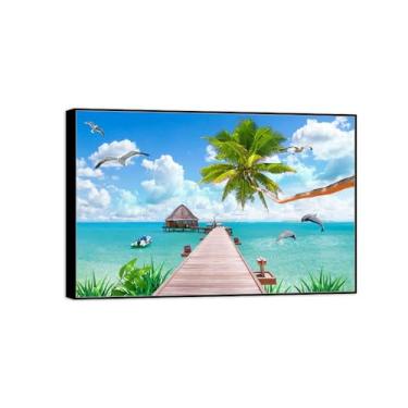 Imagem de Impressão em tela de paisagem - imagem moderna de arte de parede da natureza - ponte do mar pássaros - pôster moldura preta para banheiro decoração de casa 80 x 120 cm 31 x 47 pol