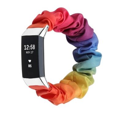 Imagem de Pulseira elástica para relógio Fitbit Charge 2 Scrunchie para mulheres, grande, pequena, elástica, de tecido fofo, ajustável (arco-íris, pequena)