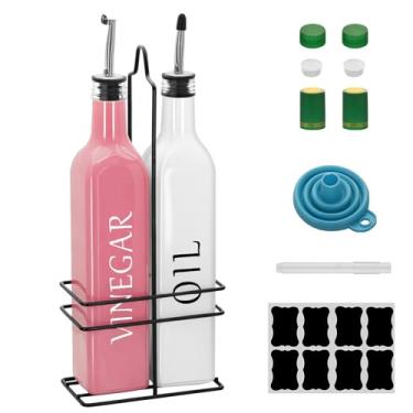 Imagem de Conjunto de dispensador de óleo e vinagre Farmhouse, 500 ml, lindo dispensador de azeite, inclui uma prateleira de aço preto e um funil, galheteiros vintage para vinagre e óleo (óleo branco e vinagre