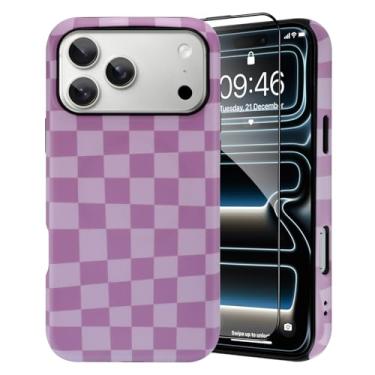 Imagem de SAKUULO Capa magnética para iPhone 2025 Pro Cream Purple Checkmate Print Pattern [Compatível com MagSafe] Capa de proteção reforçada com carregamento sem fio, creme roxo xeque-mate (6,3 polegadas)
