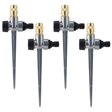 Imagem de Pacote com 4 sprinklers de atomização ajustáveis de latão para quintal com base de espigão de liga e fita selante, irrigador automático de água de jardim com cobertura de 360°, pulverizador de