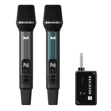 Imagem de Microfone sem fio, microfones sem fio dinâmicos de metal com conexão de chip um-a-um e receptor recarregável, duração de 40H, recepção de alcance de 200 pés, microfone de karaokê com controle de