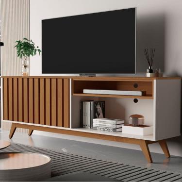 Imagem de Rack Retrô TV Até 65 Polegadas Pés Madeira 2 Portas Ripadas Buriti