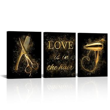 Imagem de Canvbay Arte de parede em tela de salão de cabeleireiro ferramentas de barbearia moda pintura de imagem preto e dourado ferramentas de corte de cabelo impressões para sala de beleza estúdio de