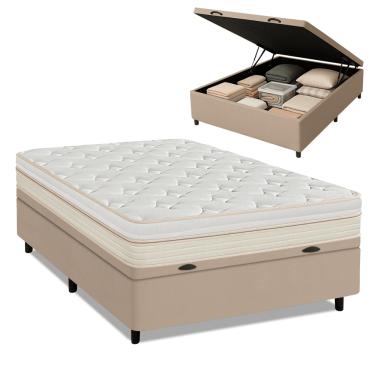 Imagem de Cama Box Baú Casal Molas Ensacadas Memphis 138x188x73cm Branco/Bege