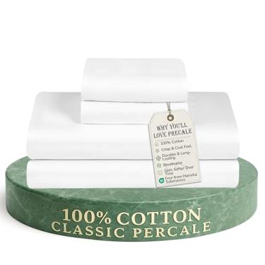 Imagem de Conjunto de lençóis de solteiro universitários Feather & Stitch 100% algodão para dormitório Essentials-Hostel, valor de dormitório comprar roupa de cama 300TC trama percal 3 pç-1 lençol com elástico bolso profundo de 40,64 cm, 1 fronha, 1 lençol de cima|branco